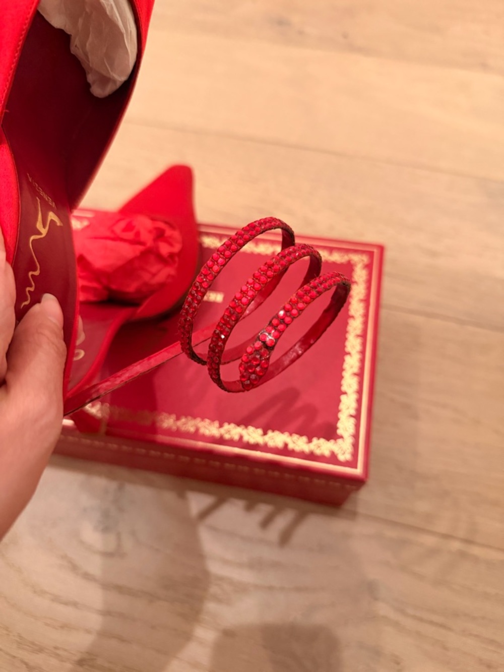 Rene Caovilla Red Satin Crystal Wrap Serpent Heels - Picture 4 of 10